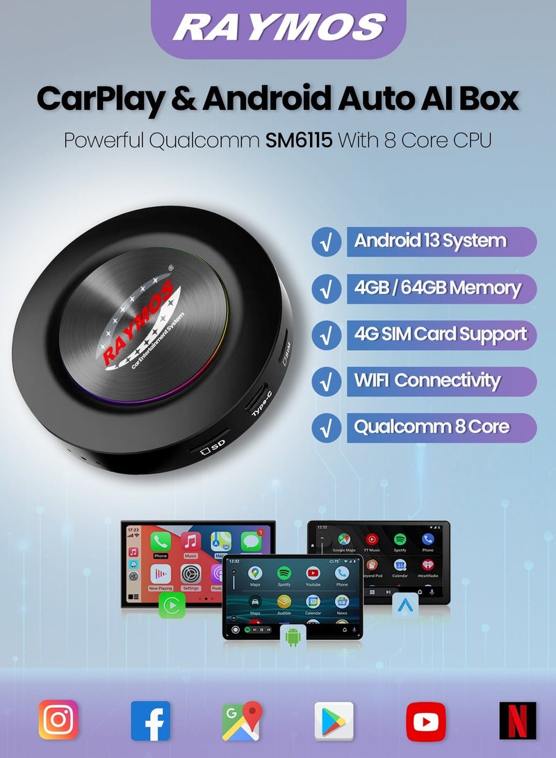 رايموس جهاز Raymos R48 AI Box متعدد الوسائط للسيارة بنظام Android 13 - معالج Qualcomm SM6115 | يدعم CarPlay وAndroid Auto لاسلكيًا | YouTube وNetflix | شريحة 4G | واي فاي | GPS | بلوتوث 5.0 | منفذ USB-C | إضاءة RGB - Image 1